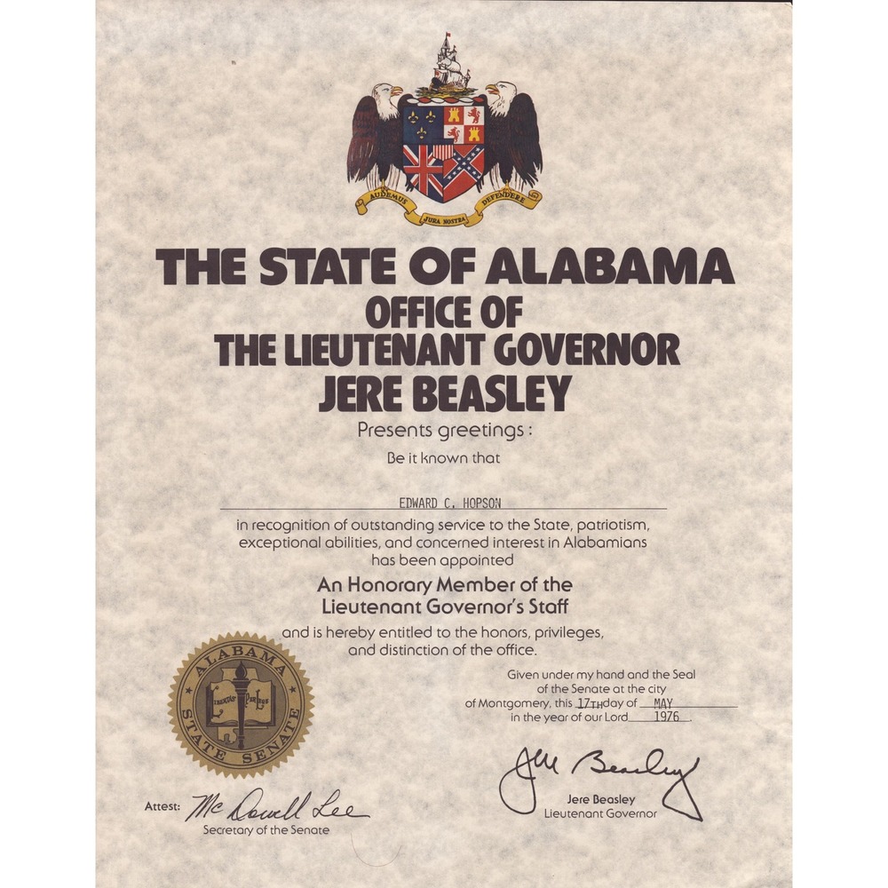 1976 Alabama Lieutenant Governor Jere Beasley Honorary Staff Certificate LT236 - Picture 1 of 2